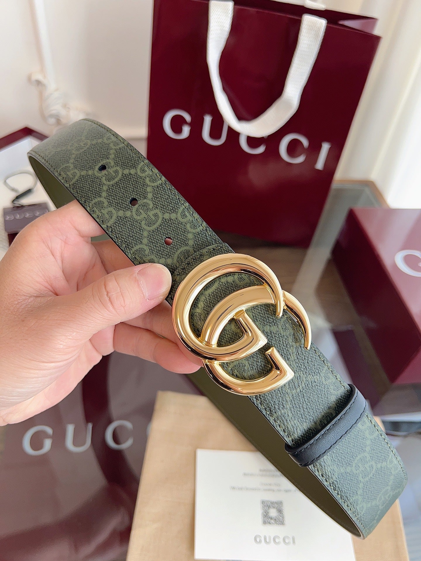 Gucci Belt  Double G Gold Buckle 40mm Green Leather Canvas