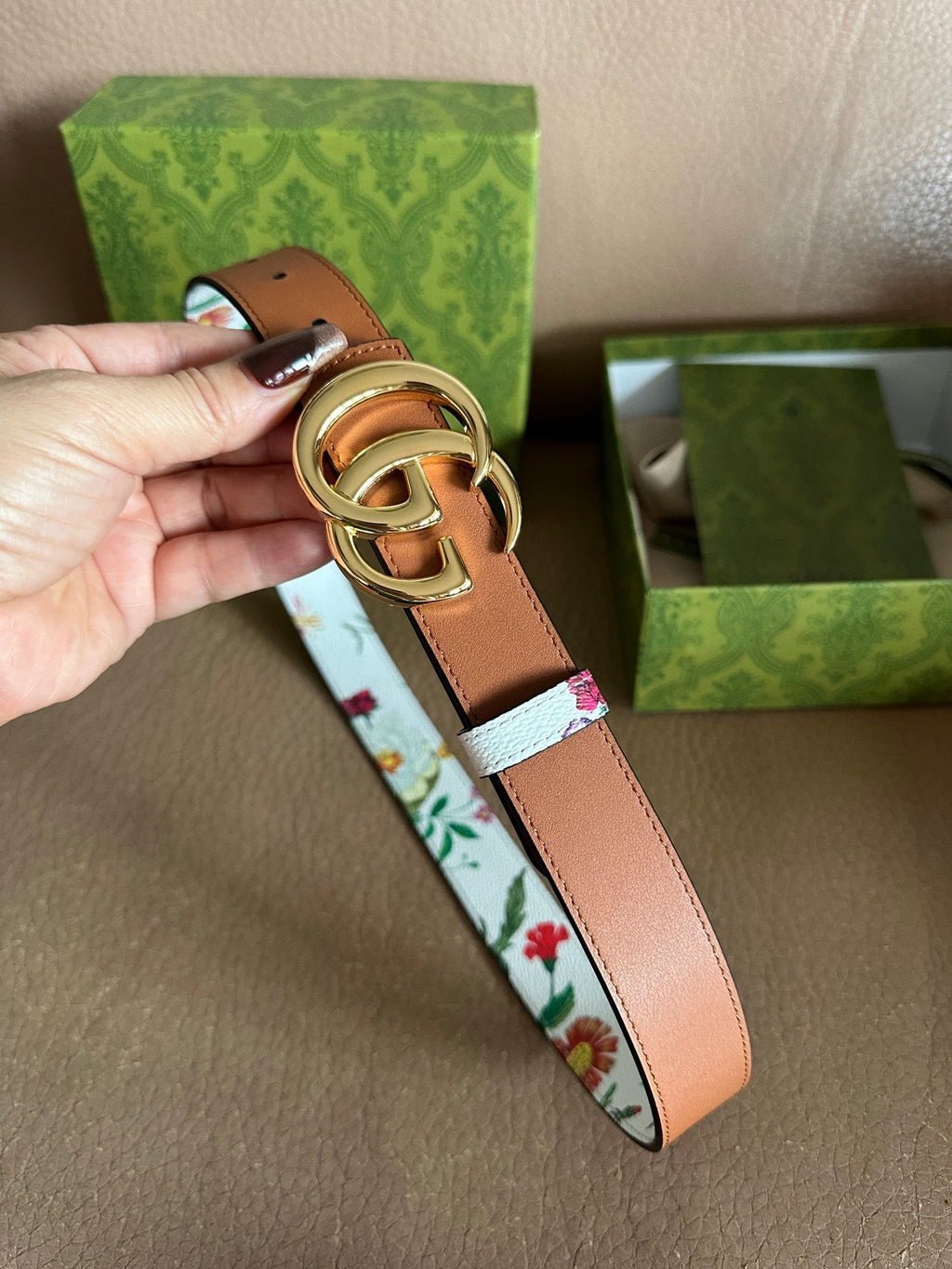 GG Marmont Reversible Belt 3.0cm Flora Print White Leather