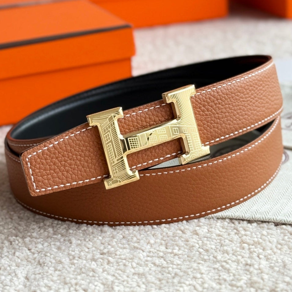 HM Gold H 5382 Faubourg Buckle Belt 32mm Brown Leather 187599|Hermès belt